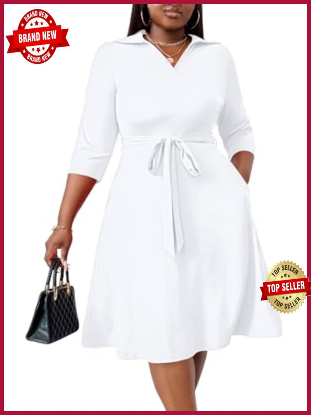 Plus Size Midi Dress Women Casual Fit Flare 3/4 Sleeve V-Neck Pockets Belt
